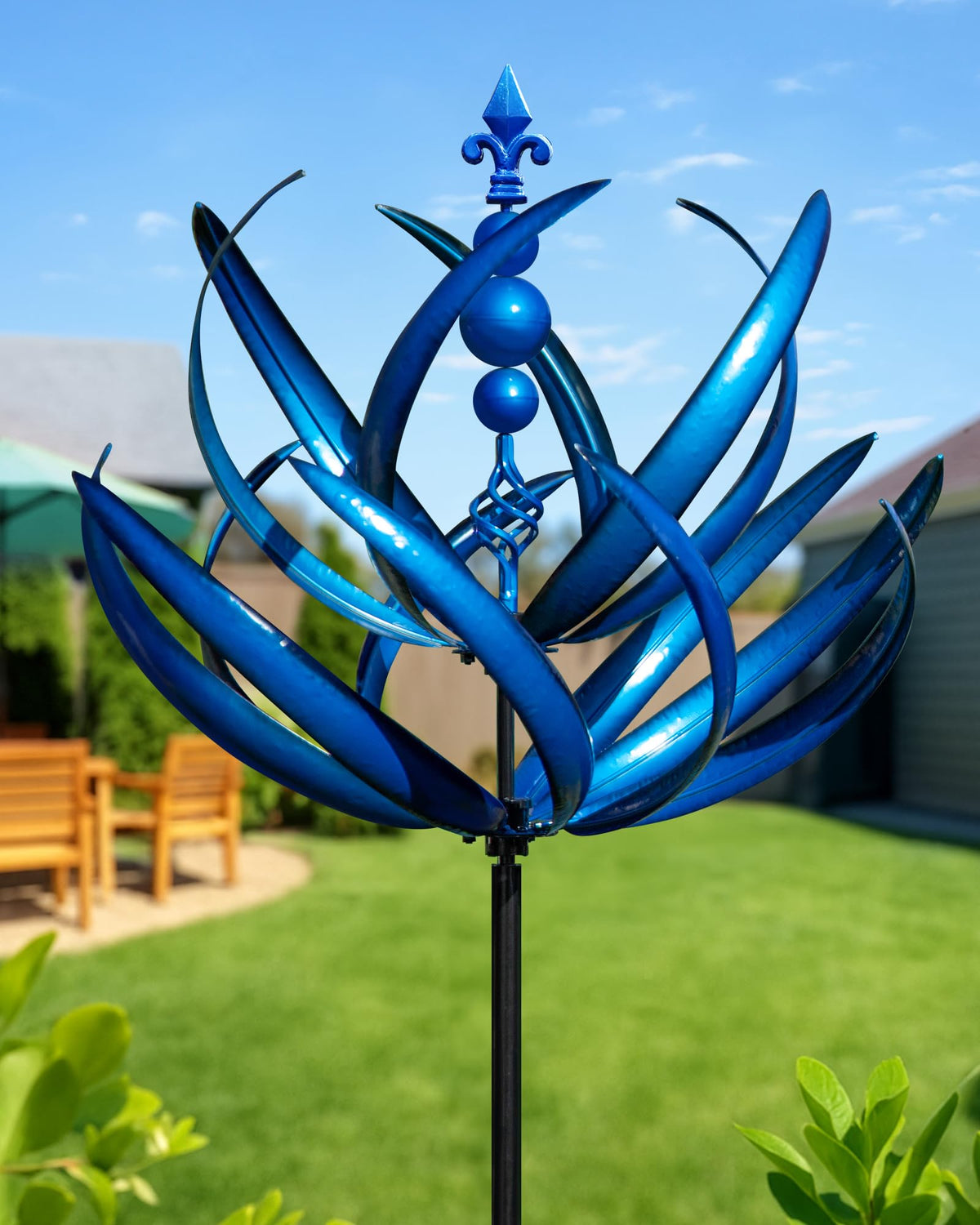 Cyan Oasis 91-inch double-tier wind spinner with blue lotus spins 360 degrees for yard focal points.