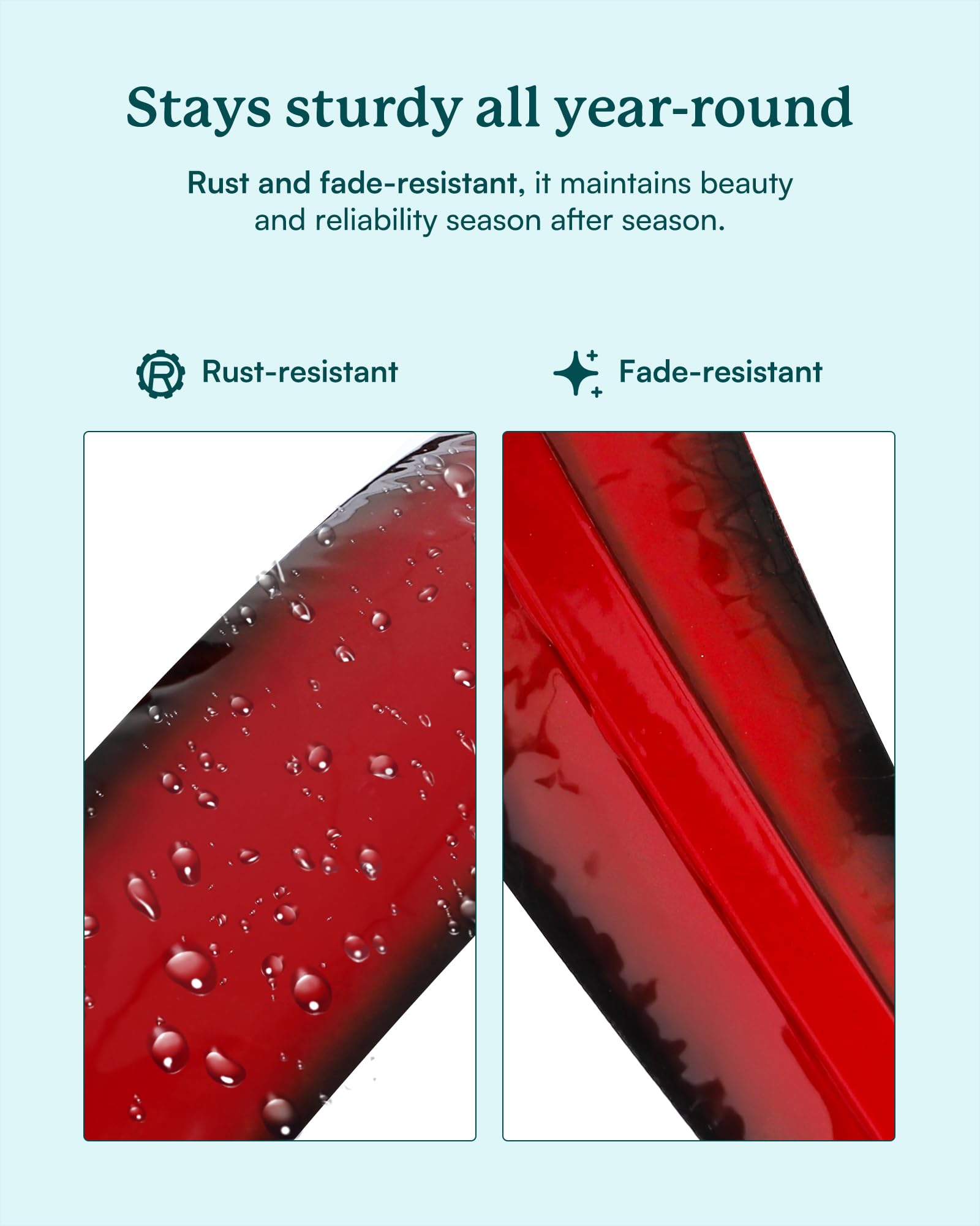 Cyan Oasis all-weather coating resists sun and rain for lasting color.