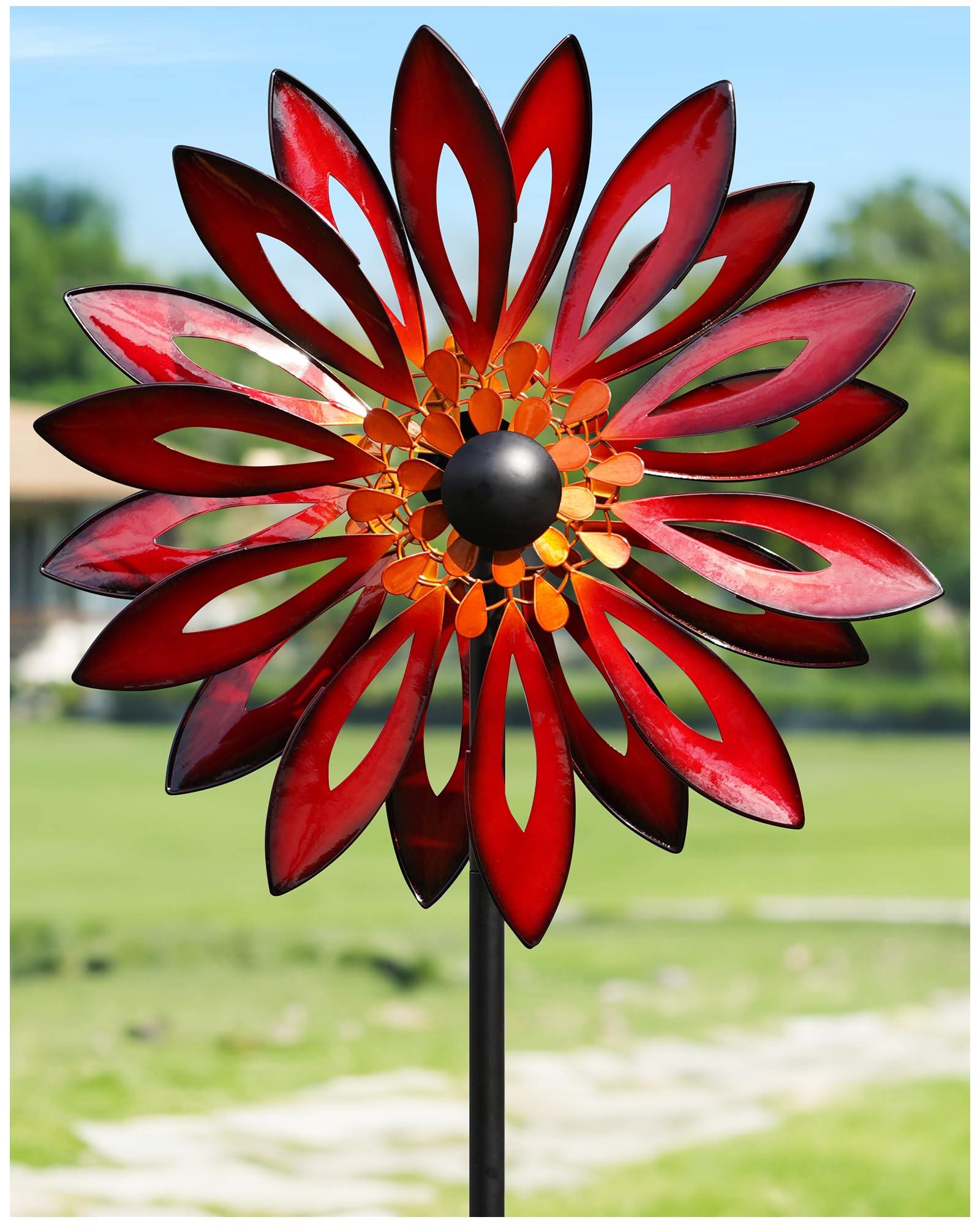 Cyan Oasis cardinal-design wind spinner adds vibrant color to your yard.