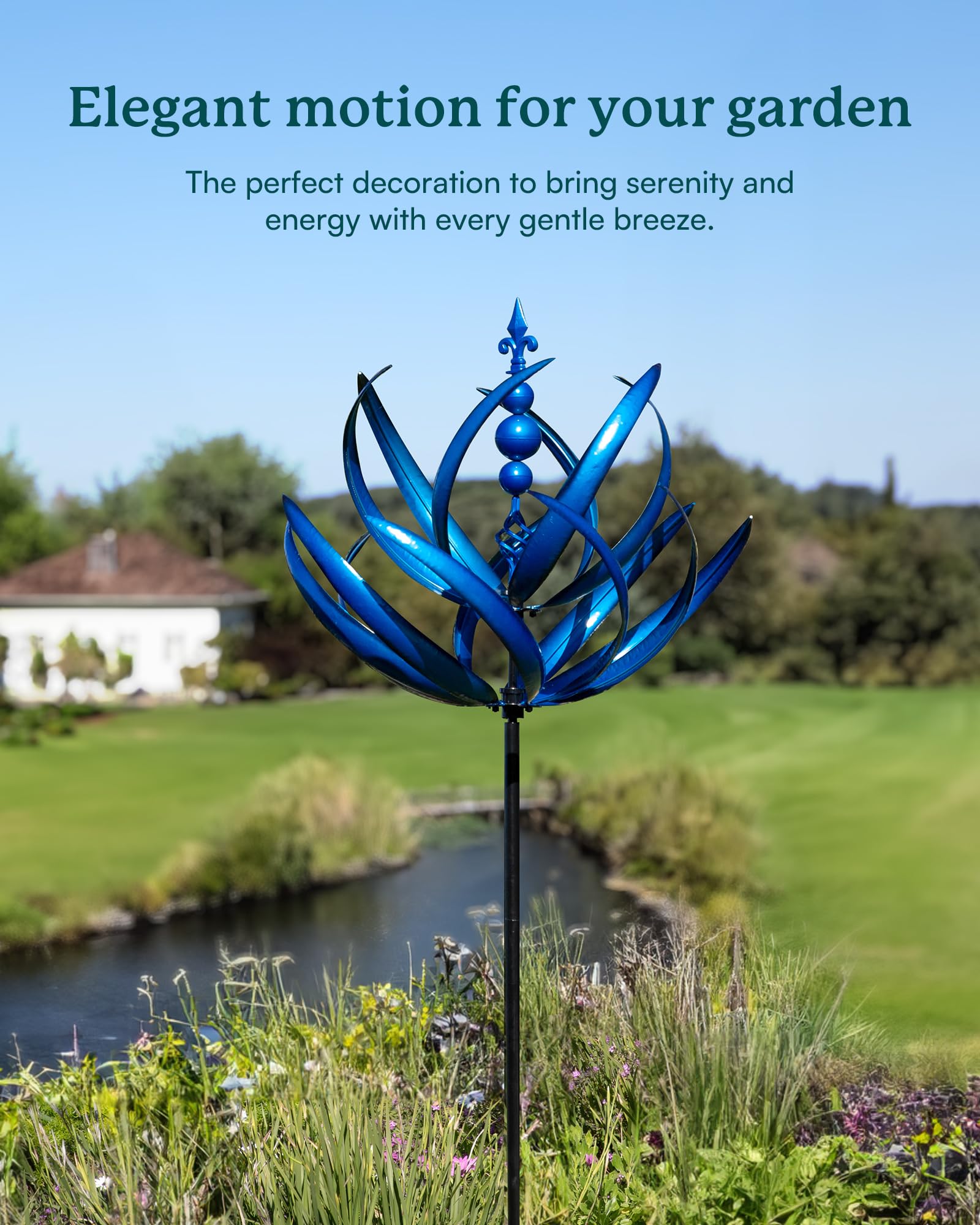 Cyan Oasis outdoor wind spinner demonstrates vivid color and motion, enhancing garden charm.
