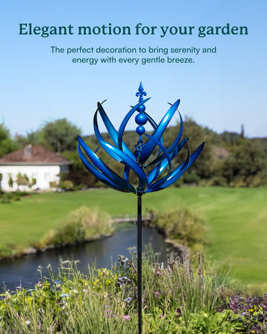 Cyan Oasis outdoor wind spinner demonstrates vivid color and motion, enhancing garden charm.