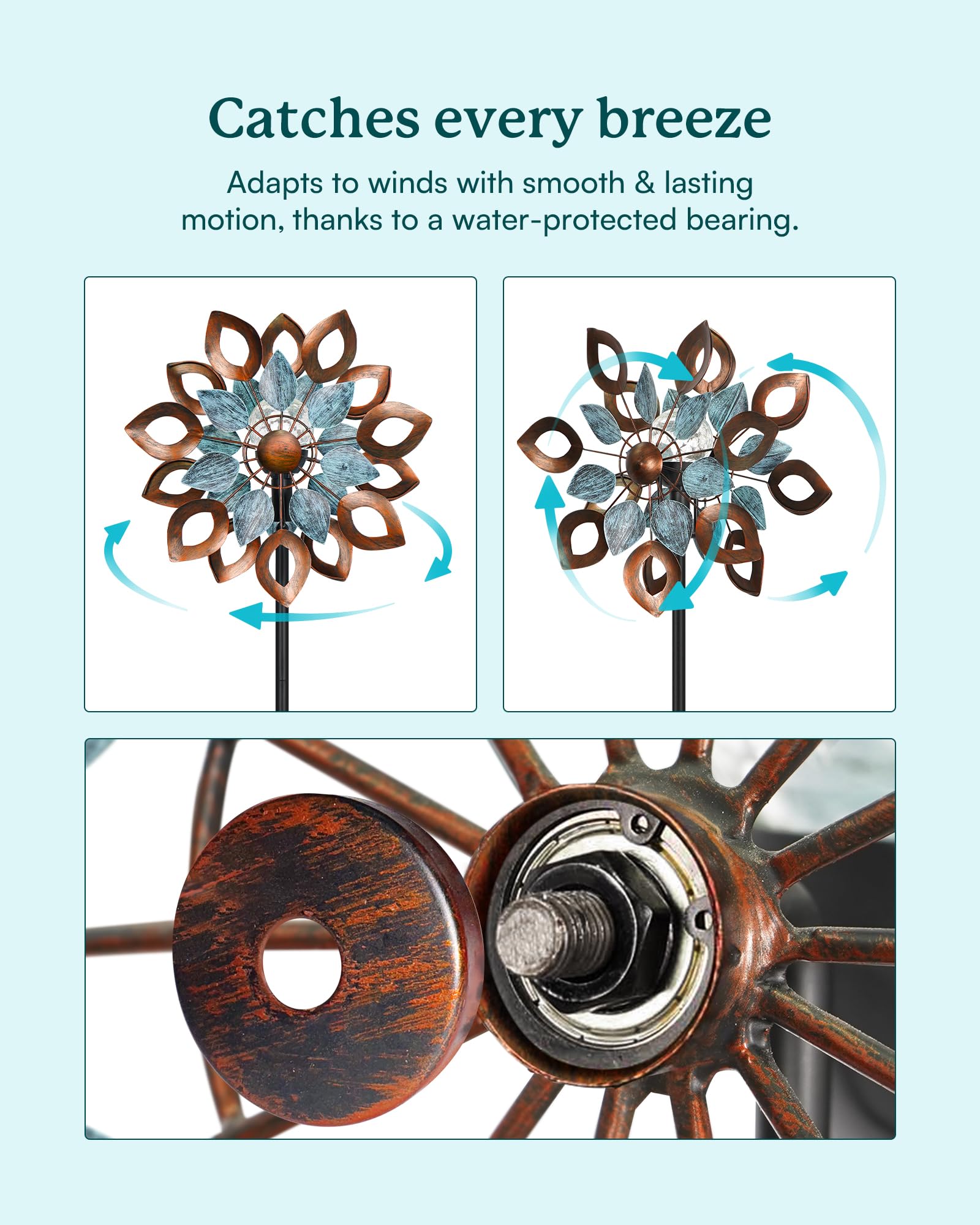 Cyan Oasis dual blades copper teal design enhances yard charm.