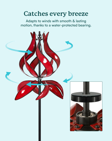 Cyan Oasis dual-rotor tulip wind spinner spins independently for dynamic yard art.