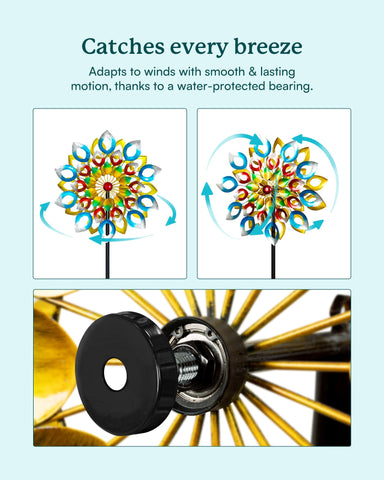 Cyan Oasis dual rotor wind spinner spins independently for dynamic visualization