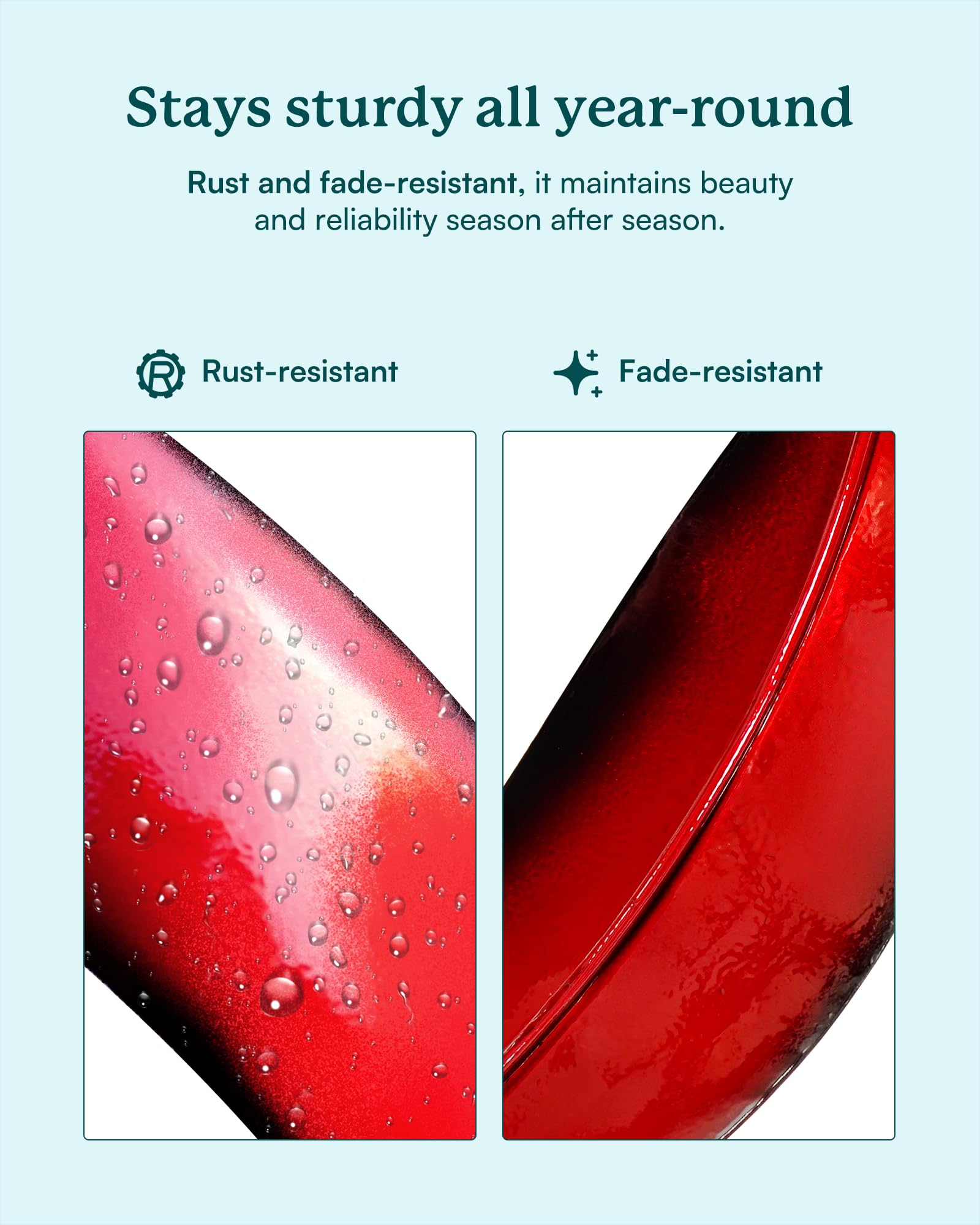 Cyan Oasis durable finish resists UV, rust, and fading for year-round use.