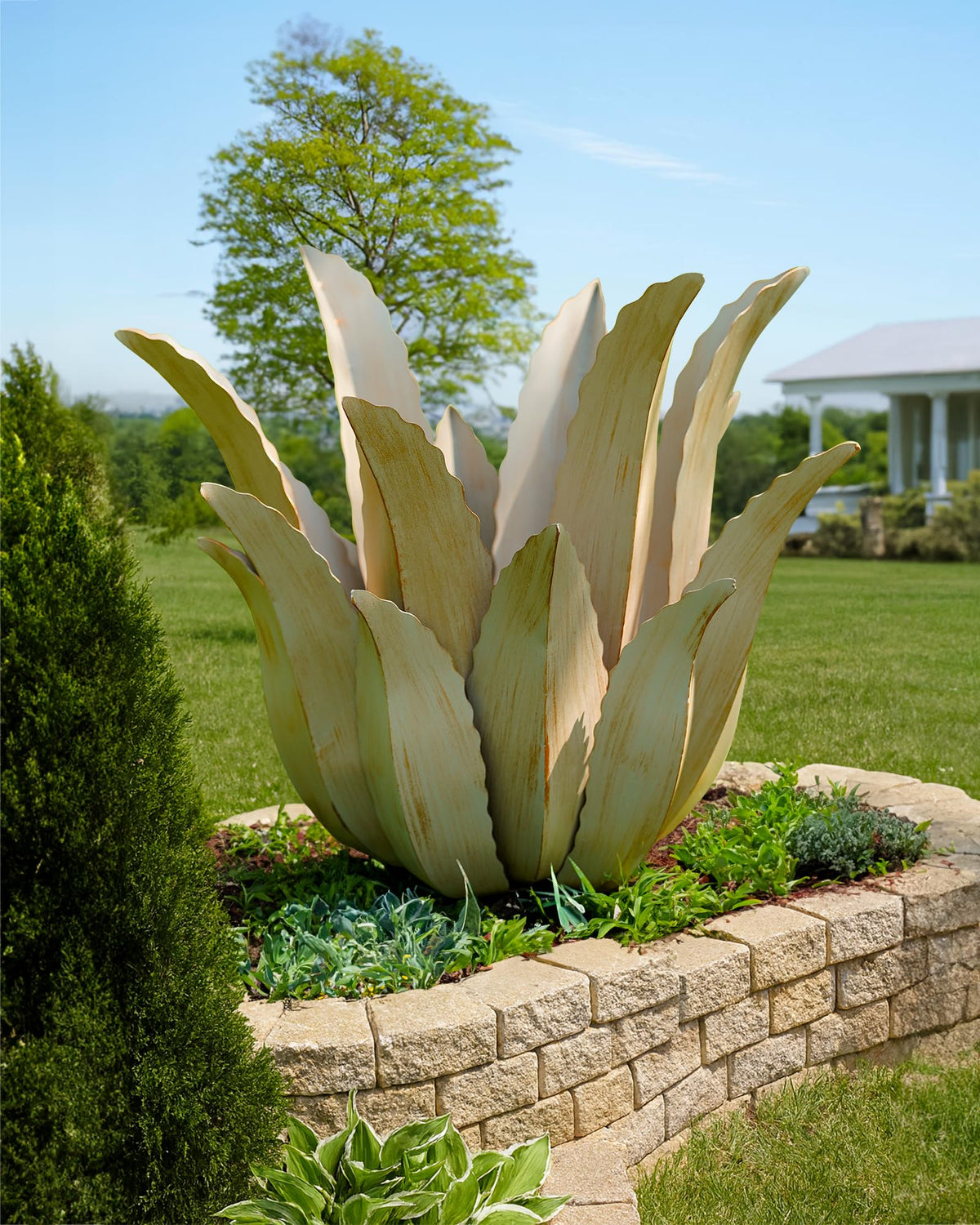 Cyan Oasis metal agave plant front view showcases durable, weather-ready desert decor