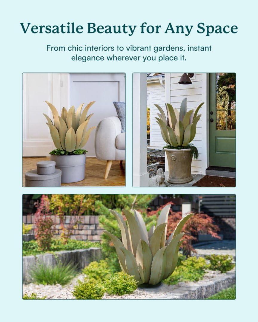 Cyan Oasis metal agave plant in garden demonstrates year-round low-maintenance charm