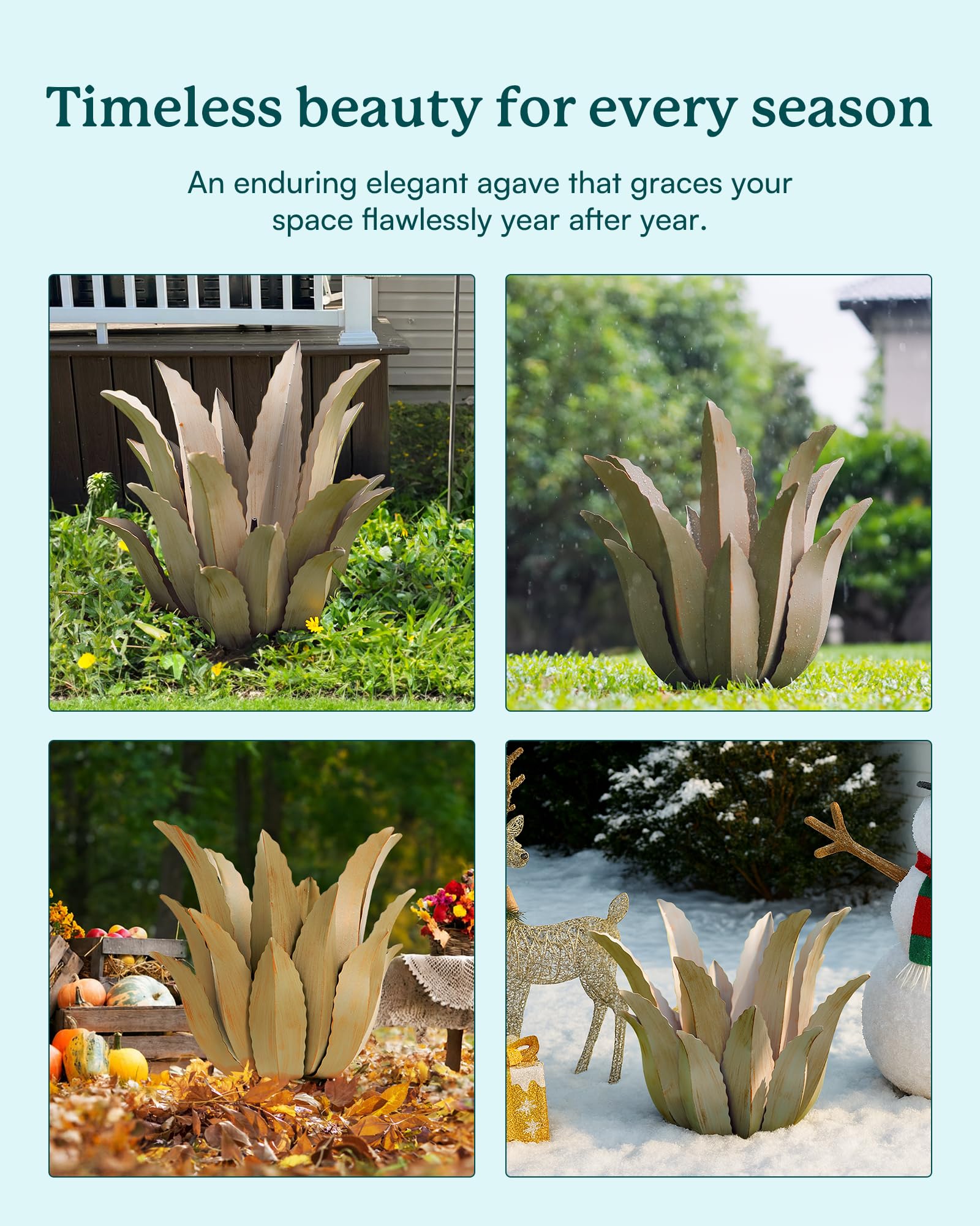 Cyan Oasis metal agave plant side view highlights slim silhouette for modern yards