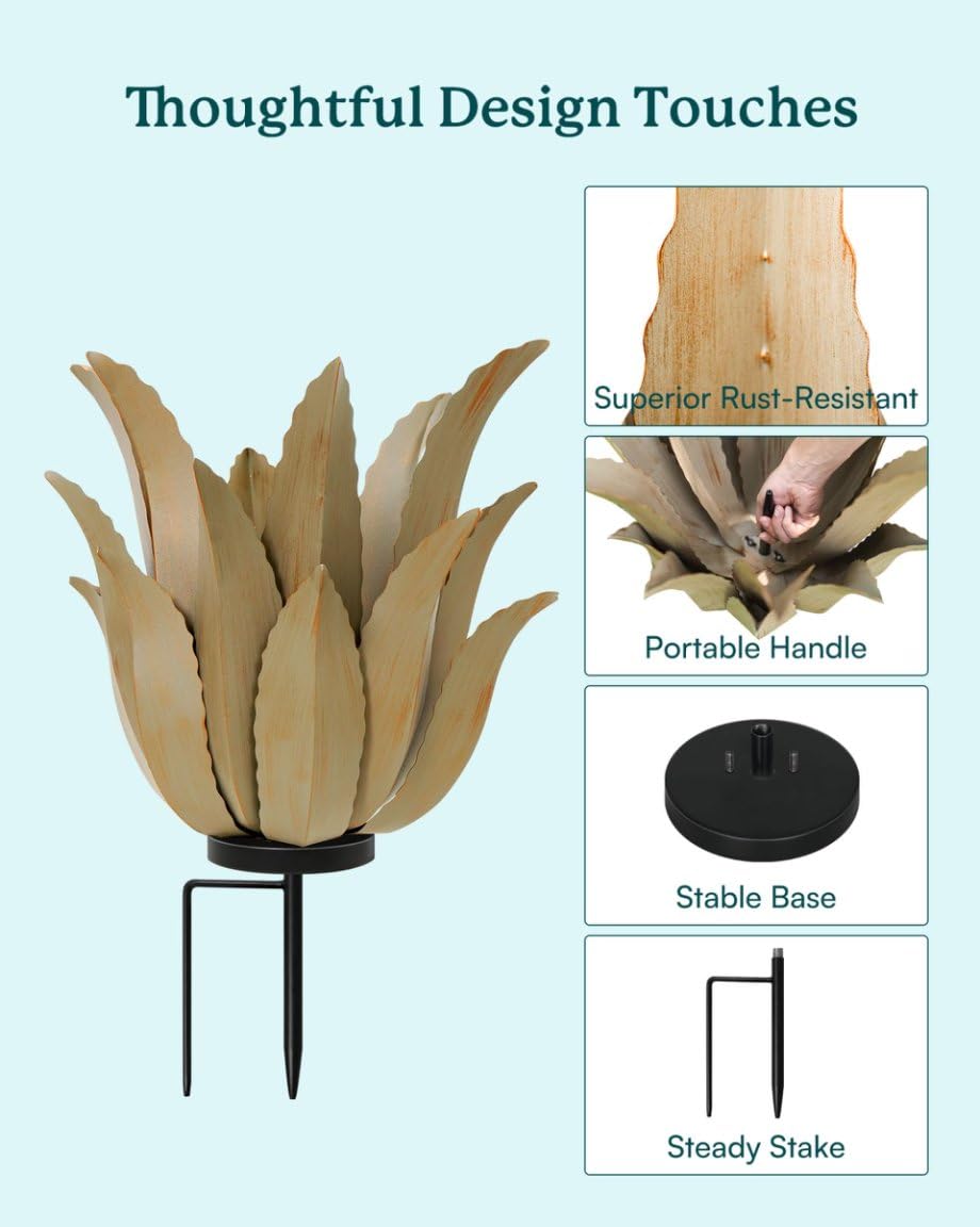 Cyan Oasis metal agave plant weather-resistant finish endures sun and rain