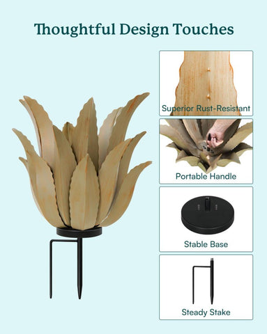 Cyan Oasis metal agave plant weather-resistant finish endures sun and rain