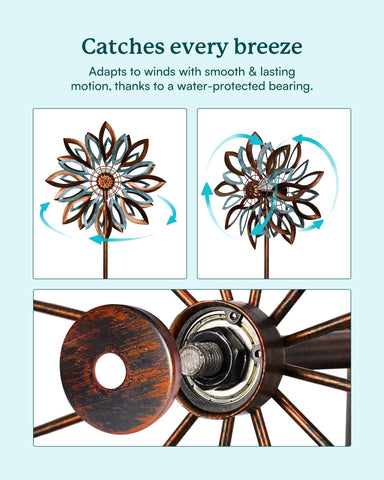 Cyan Oasis metal garden decor spin offers 360-degree rotation for lively movement.