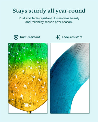 Cyan Oasis outdoor metal decor enhances lawn with reflective finishes