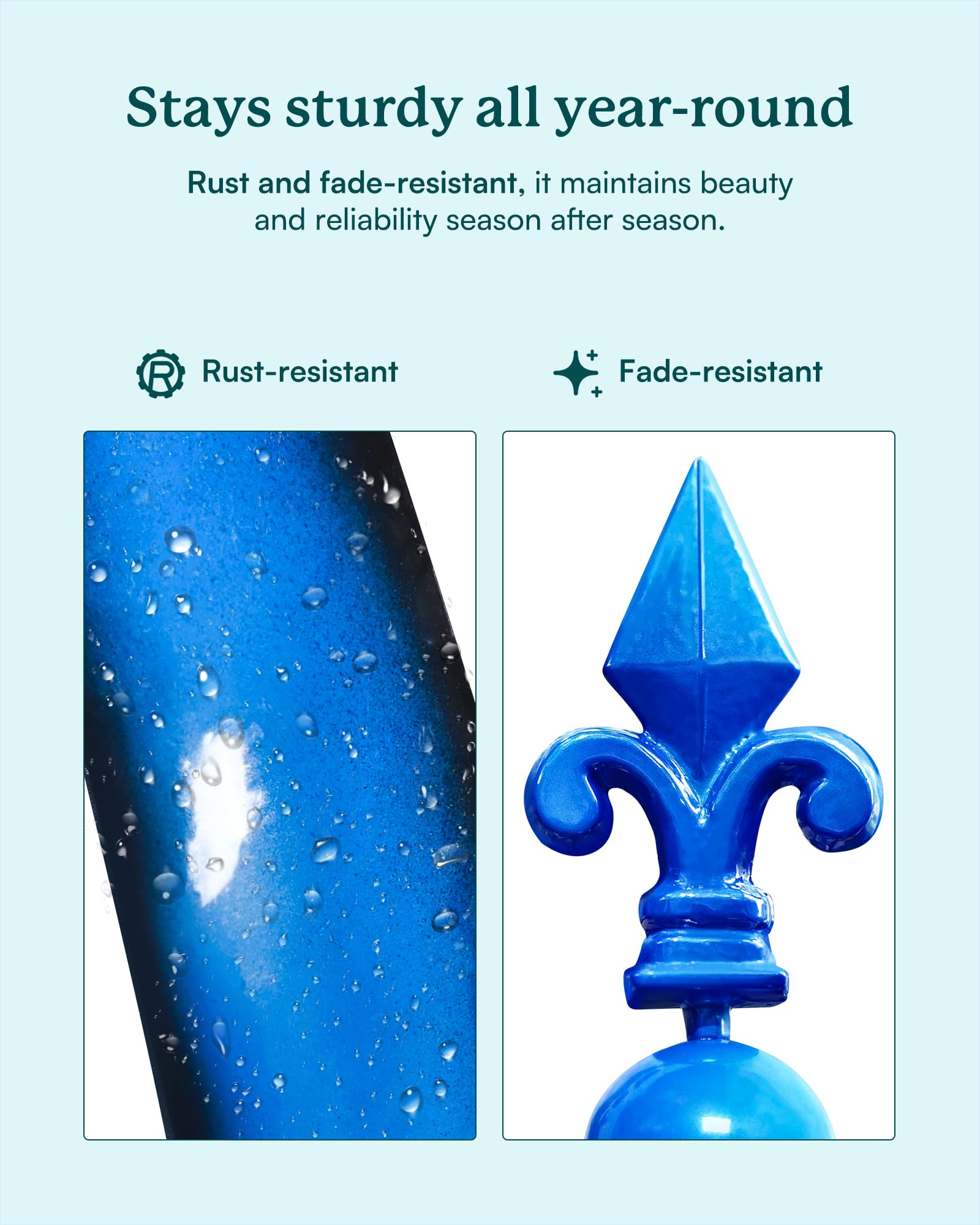 Cyan Oasis weather-resistant metal spinner offers long-lasting garden art.