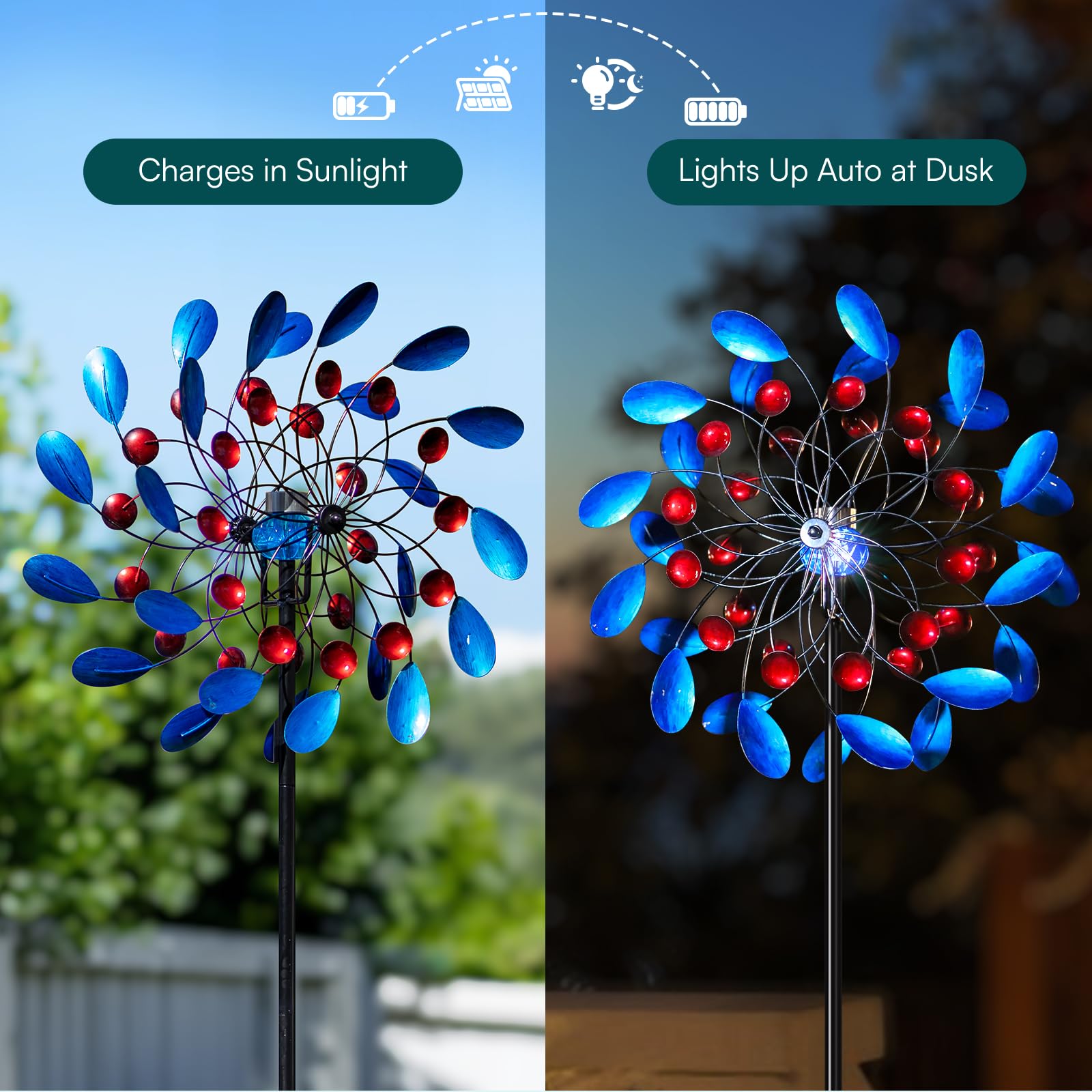 Cyan Oasis solar wind spinner 24in blades create dramatic motion in gardens.