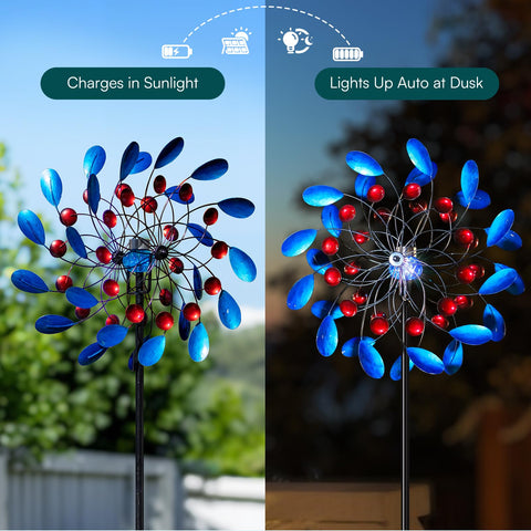 Cyan Oasis solar wind spinner 24in blades create dramatic motion in gardens.