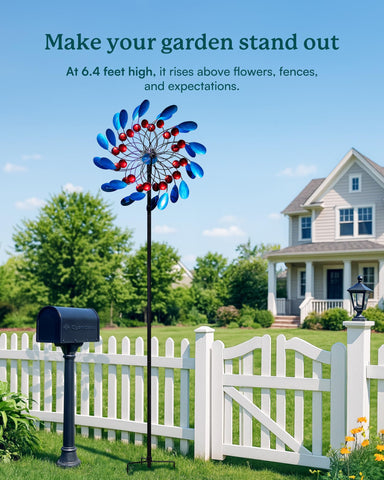 Cyan Oasis solar wind spinner stands at 88in height for standout outdoor decor.