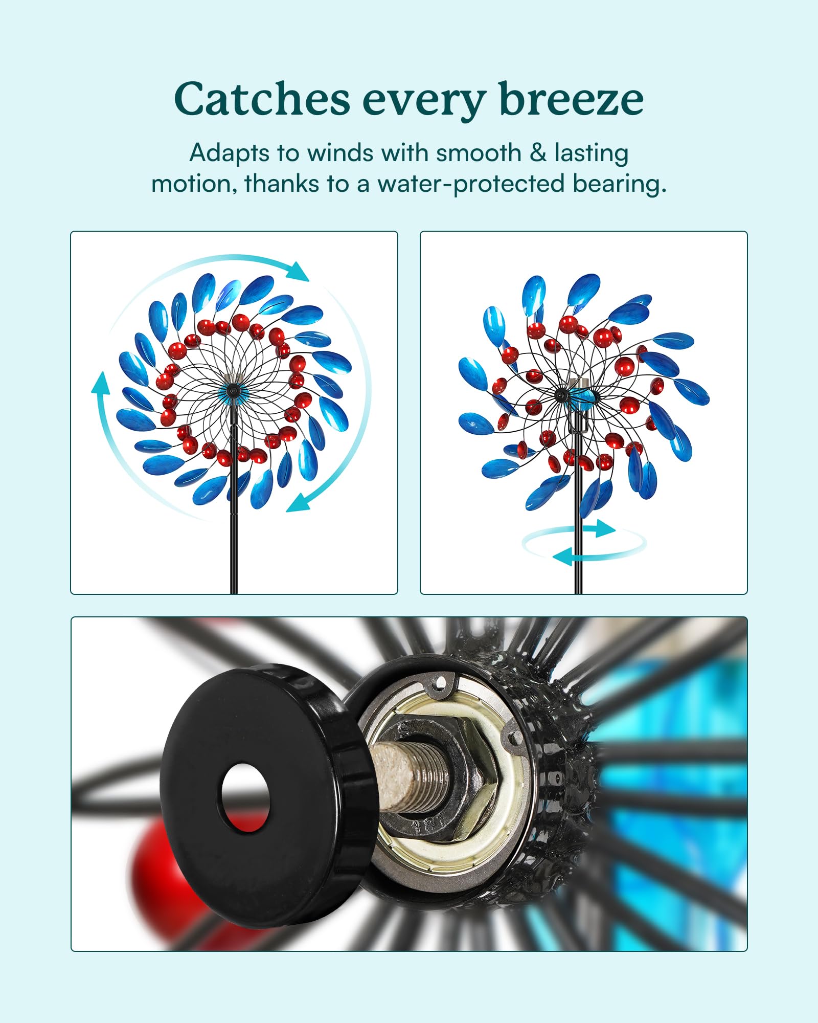 Cyan Oasis solar wind spinner LED globe glows at night for magical illumination.