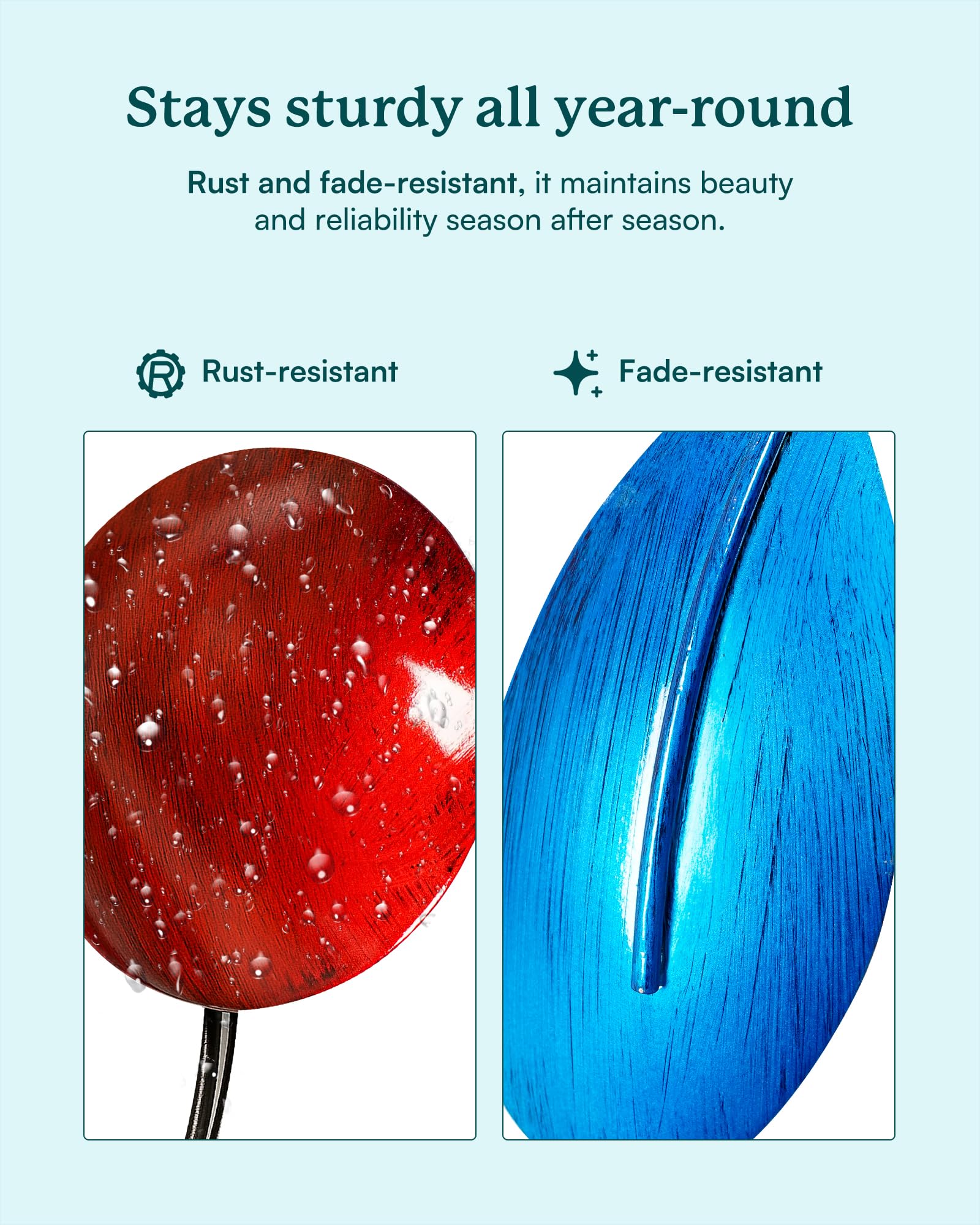 Cyan Oasis wind spinner charges in sun and glows softly at dusk.