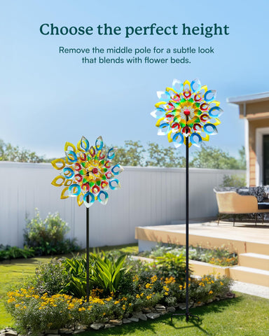 Cyan Oasis wind spinner with three prong stake stays planted