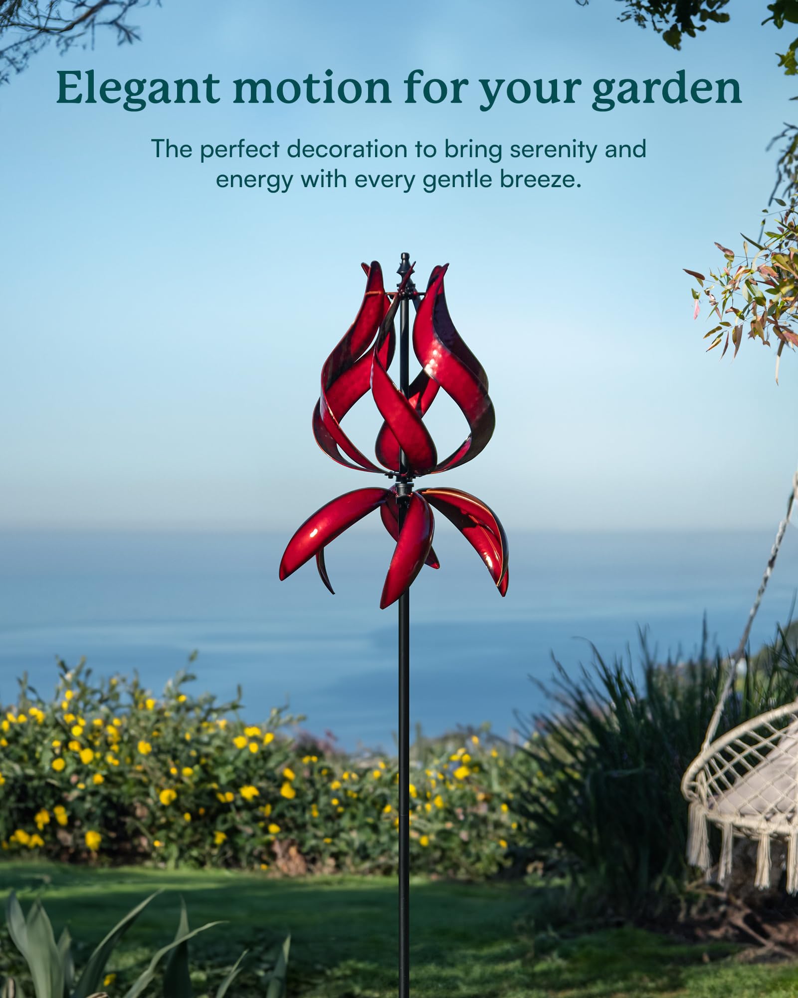 Cyan Oasis sturdy metal wind spinner stake keeps it stable in windy weather.
