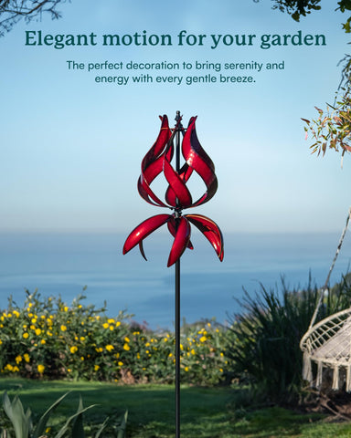 Cyan Oasis sturdy metal wind spinner stake keeps it stable in windy weather.