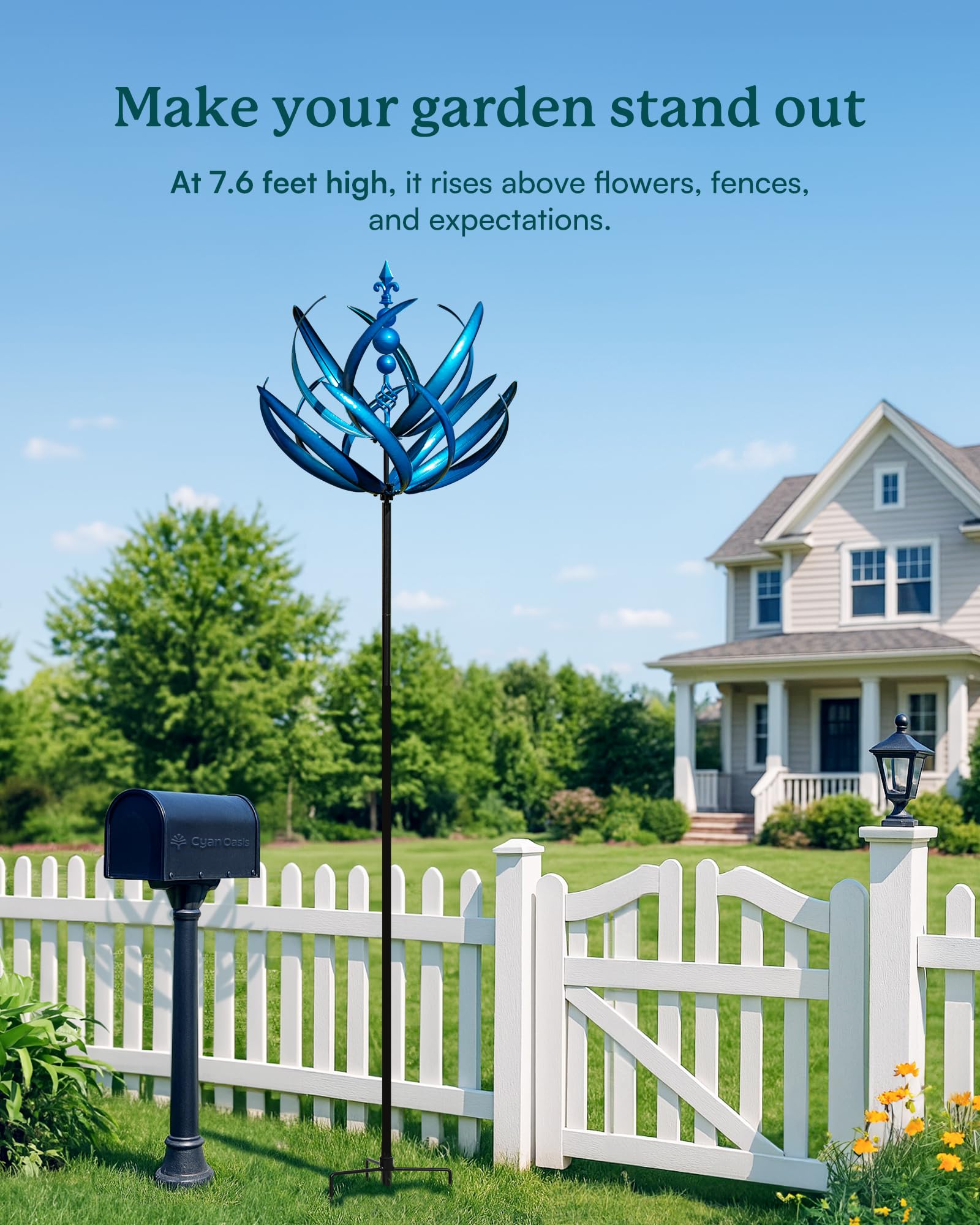 Cyan Oasis tall wind spinner with three-prong stake stays planted in gusts.