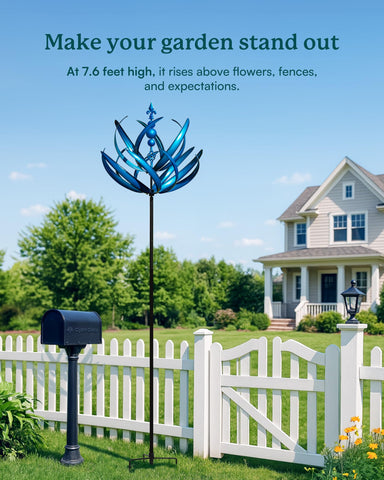 Cyan Oasis tall wind spinner with three-prong stake stays planted in gusts.