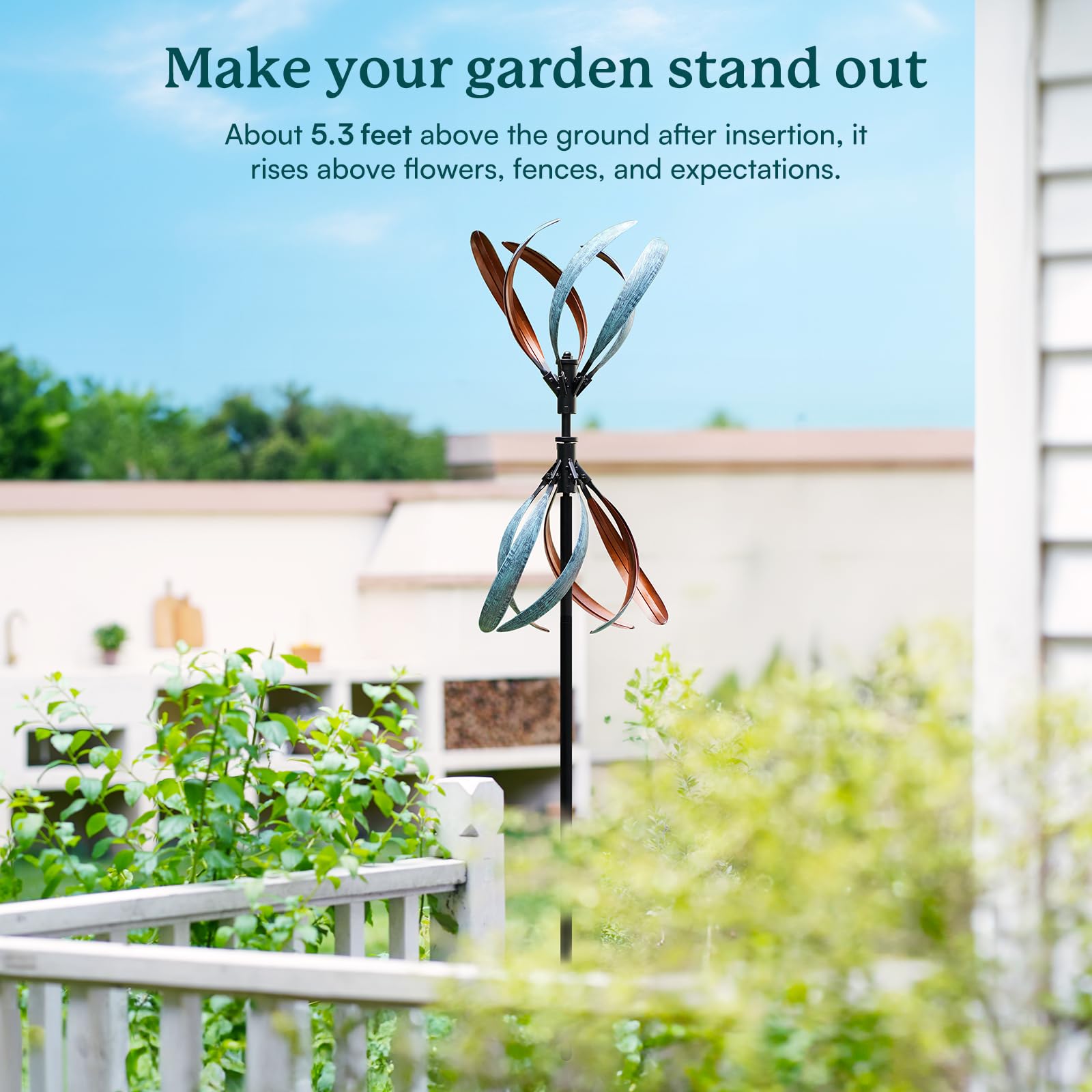 Cyan Oasis 3D wind spinner highlights a vibrant garden focal point that moves with the breeze.