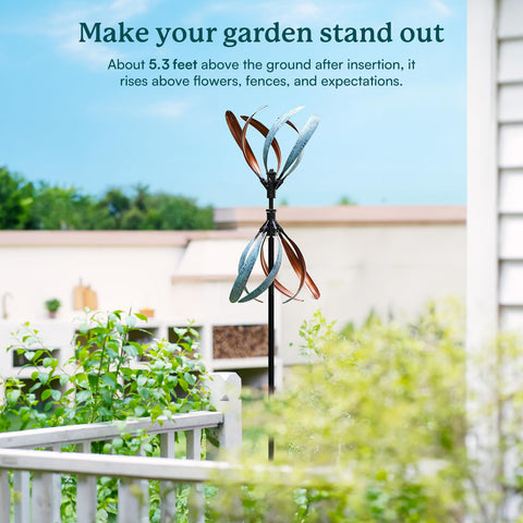 Cyan Oasis 3D wind spinner highlights a vibrant garden focal point that moves with the breeze.