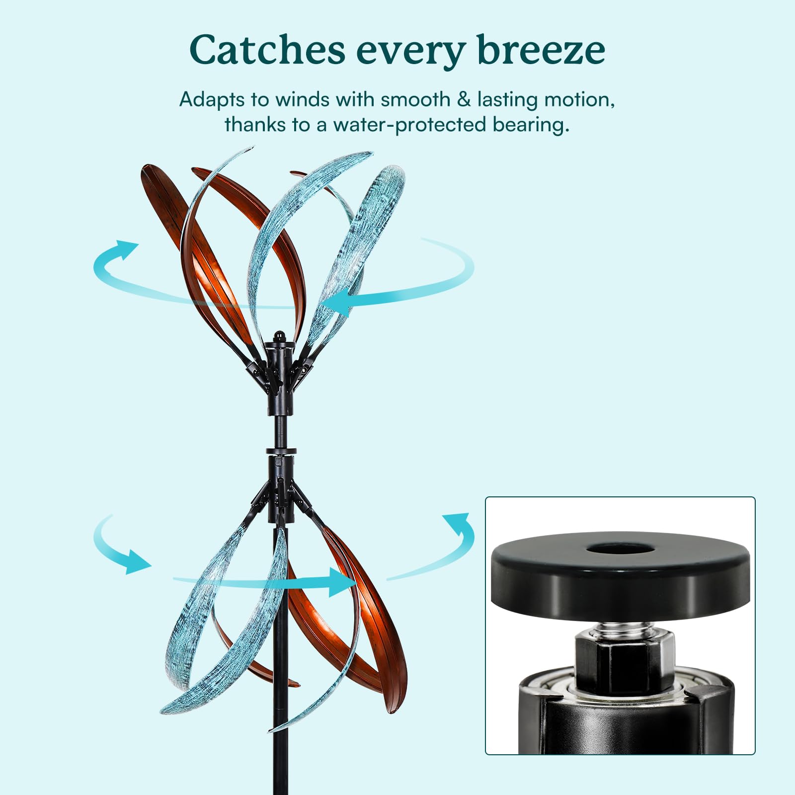 Cyan Oasis adjustable-height wind spinner adapts to your space for flexible outdoor display.