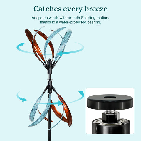 Cyan Oasis adjustable-height wind spinner adapts to your space for flexible outdoor display.