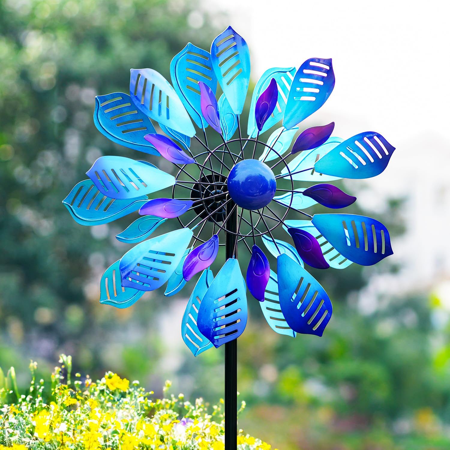 Cyan Oasis wind spinner full-yard view elevates curb appeal with kinetic art