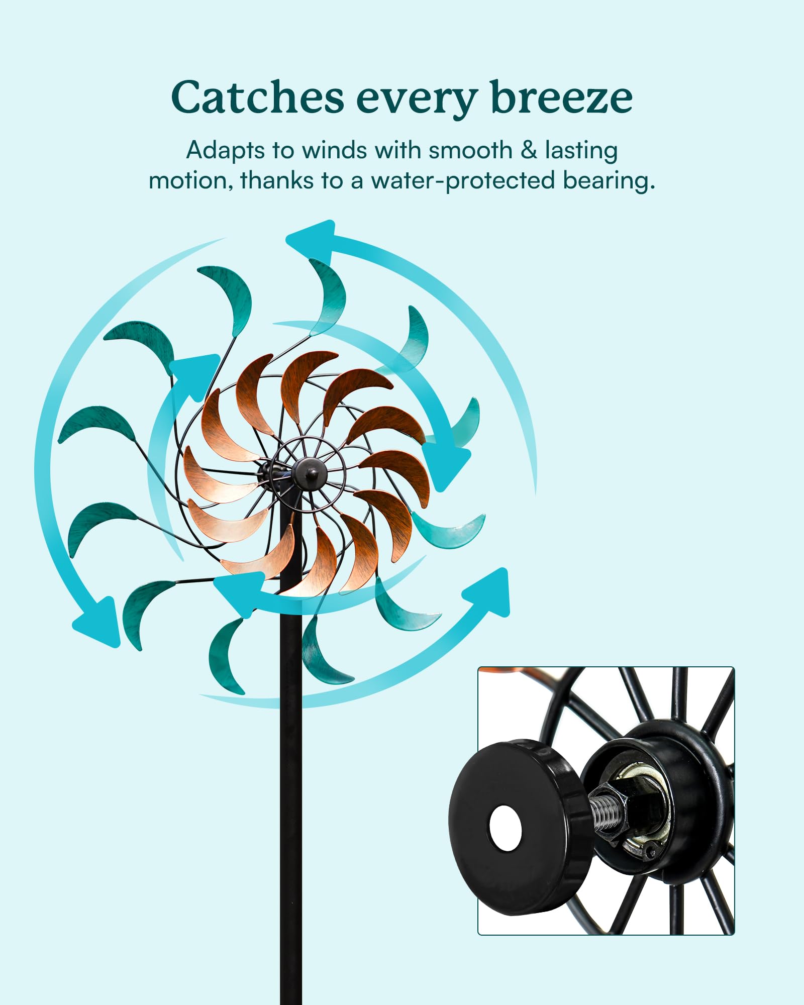 Cyan Oasis wind spinner decorates the patio with kinetic charm.