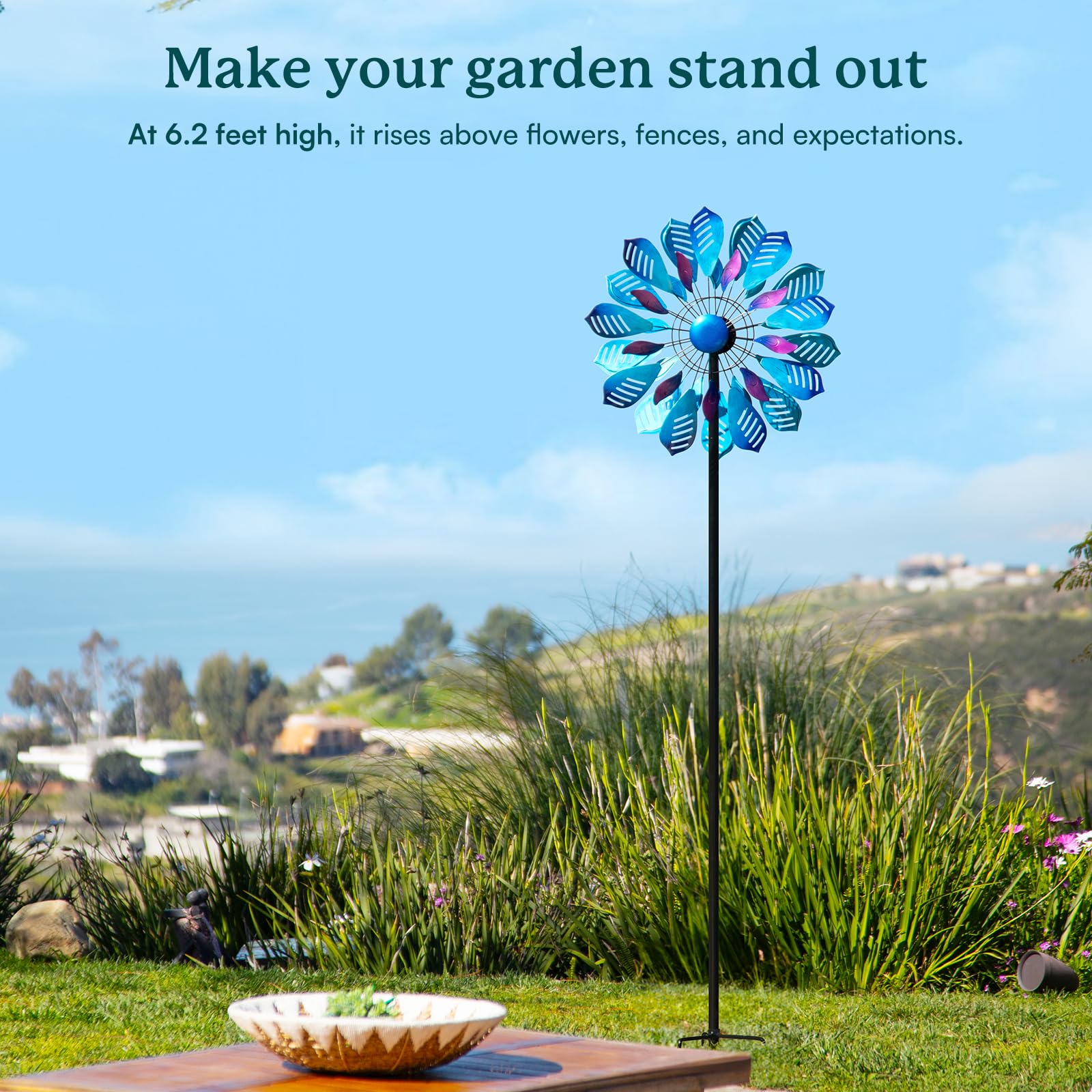 Cyan Oasis wind spinner stake installation demonstrates easy outdoor setup