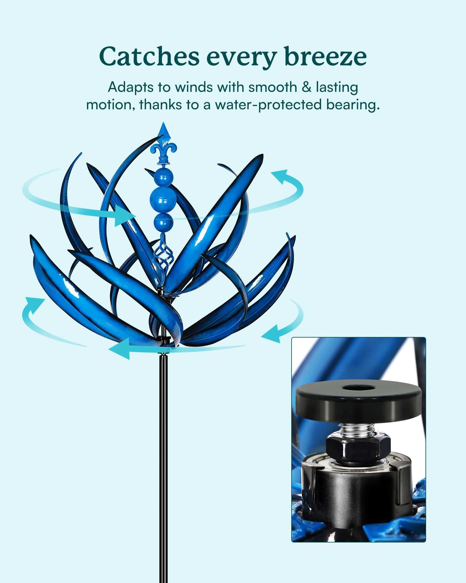 Cyan Oasis blue lotus spinner stake kit provides stable setup in windy conditions.