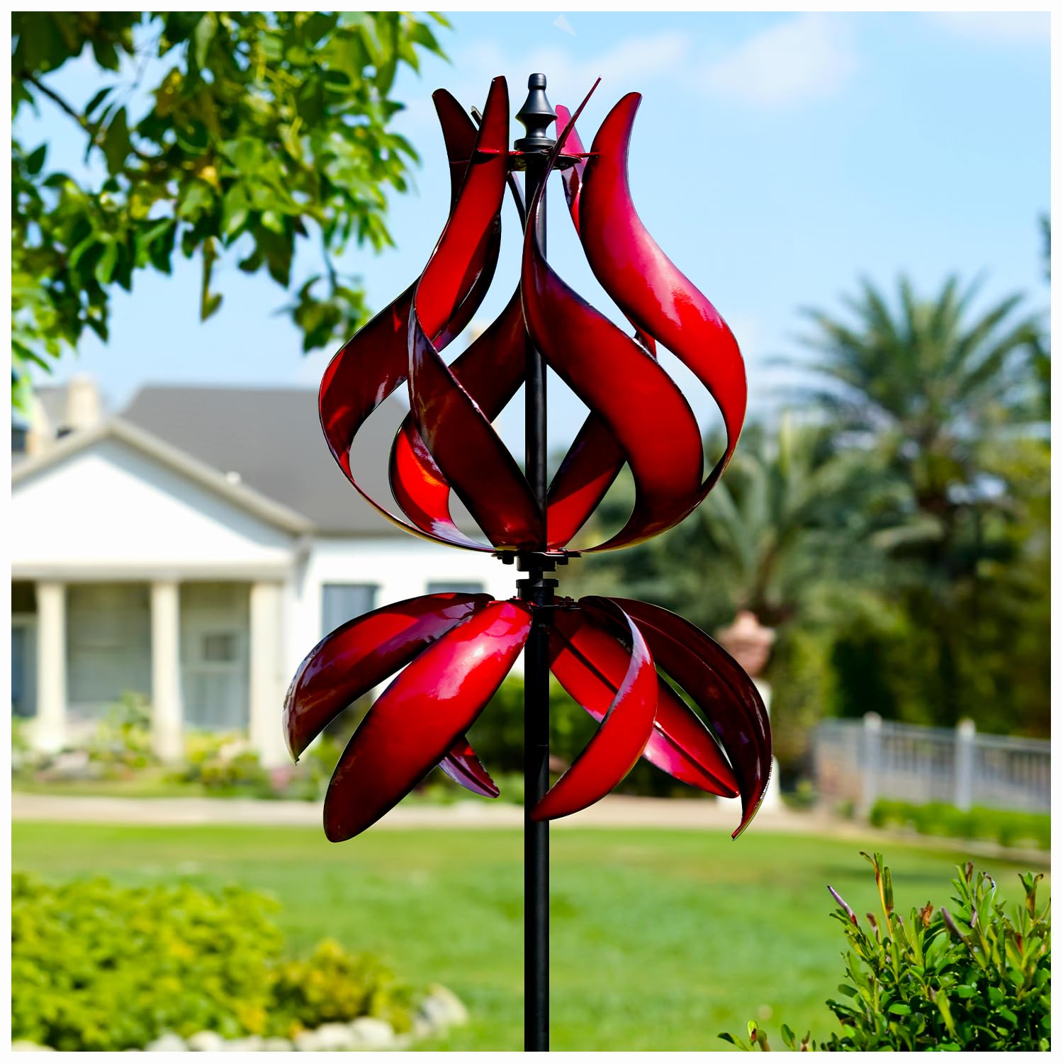 Cyan Oasis tulip red wind spinner adds vibrant color to your garden.