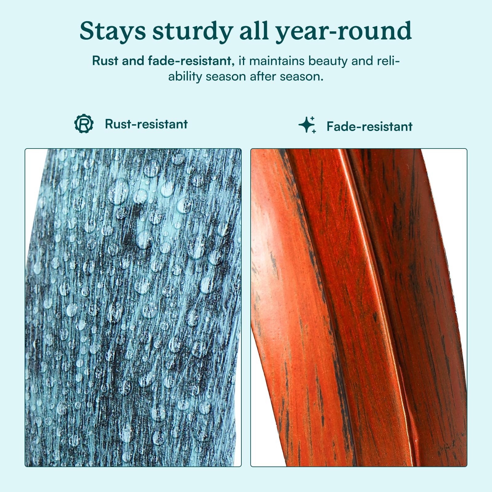 Cyan Oasis weather-resistant metal spinner endures wind and rain while keeping colors vivid.