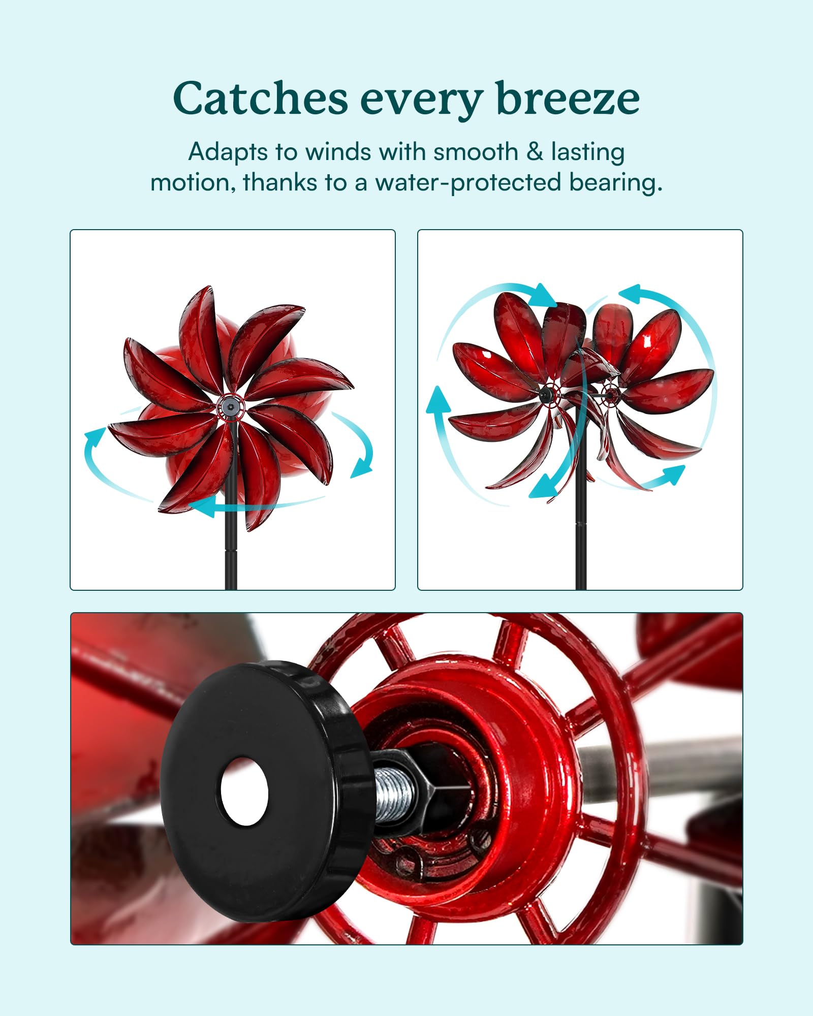 Cyan Oasis wind spinners catch gentle breezes for yard ambience.
