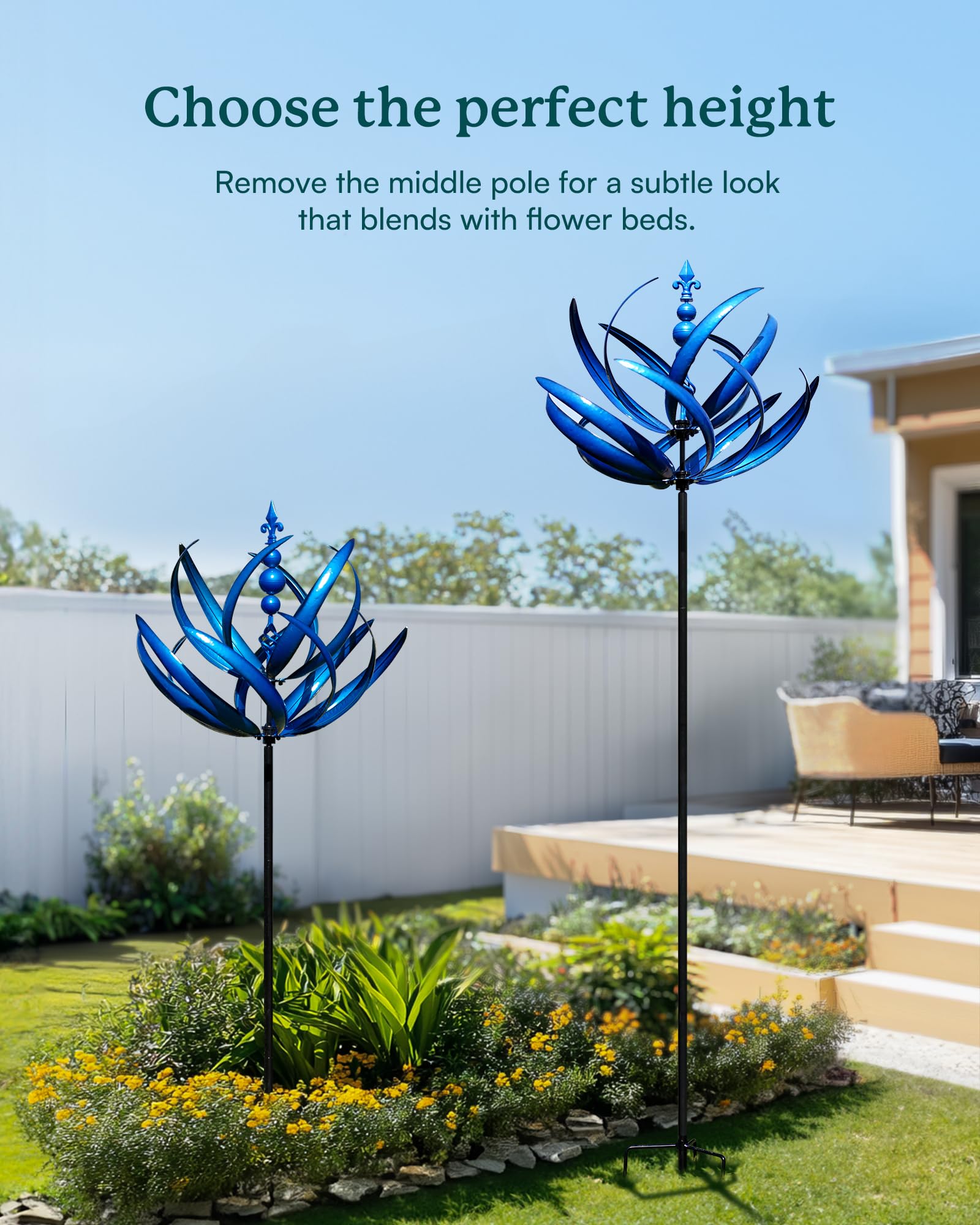 Cyan Oasis outdoor wind sculpture with 360-degree rotation for dynamic yard display.
