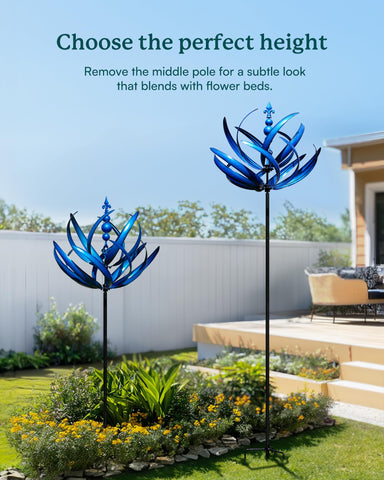 Cyan Oasis outdoor wind sculpture with 360-degree rotation for dynamic yard display.