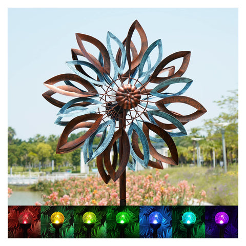 Cyan Oasis yard wind spinner with solar lights enhances curb appeal and outdoor ambiance.