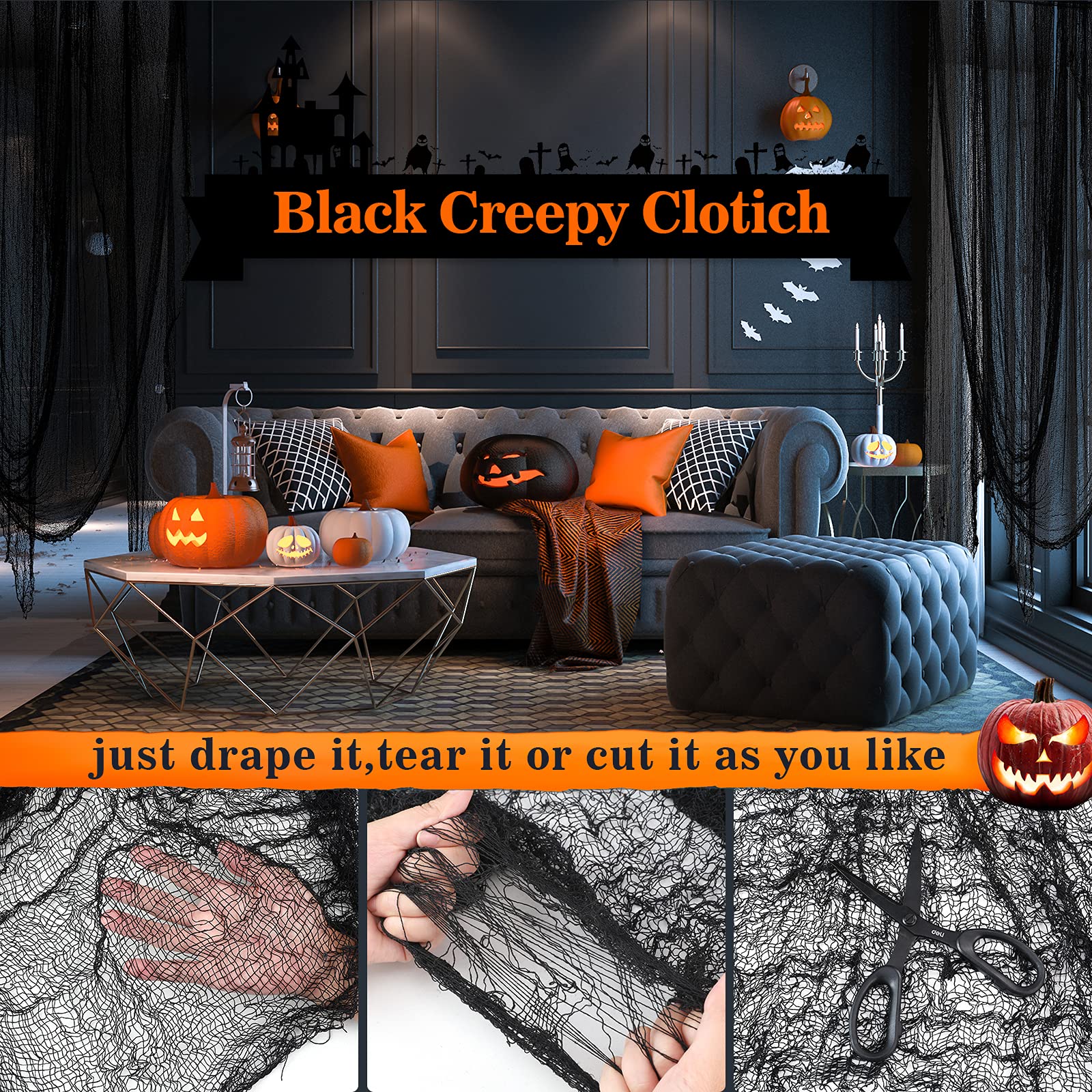 Cyantor cheesecloth horror scene decor enhances spooky setups for parties.