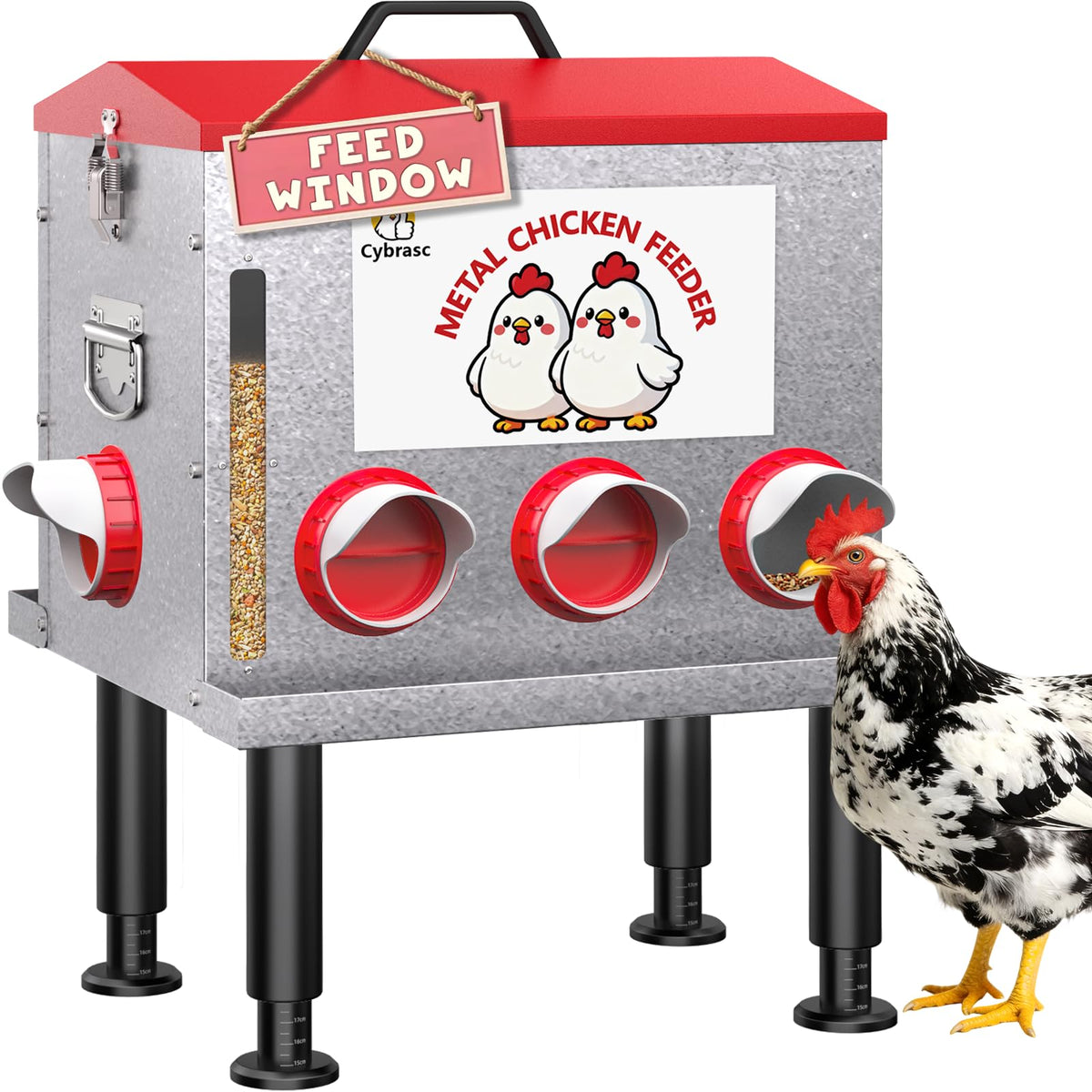 Cybrasc 10-Gal chicken feeder window clearly shows feed level for quick top-ups.