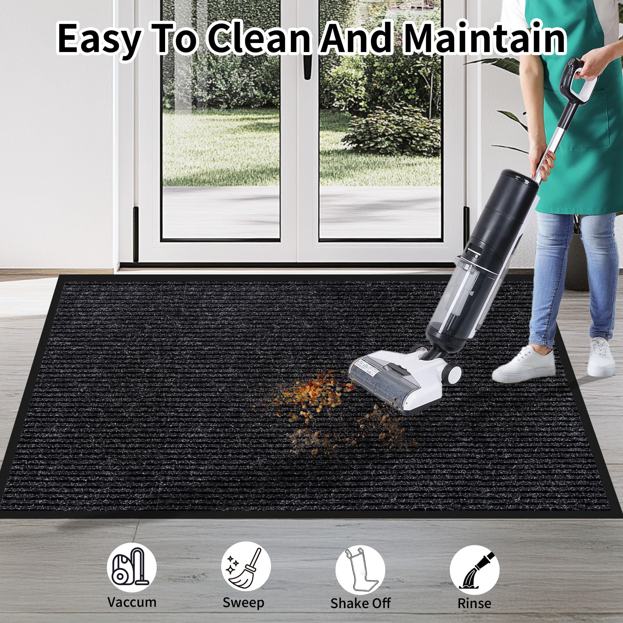 Cybstrax Front Door Mat fade-resistant surface maintains a fresh look outdoors.