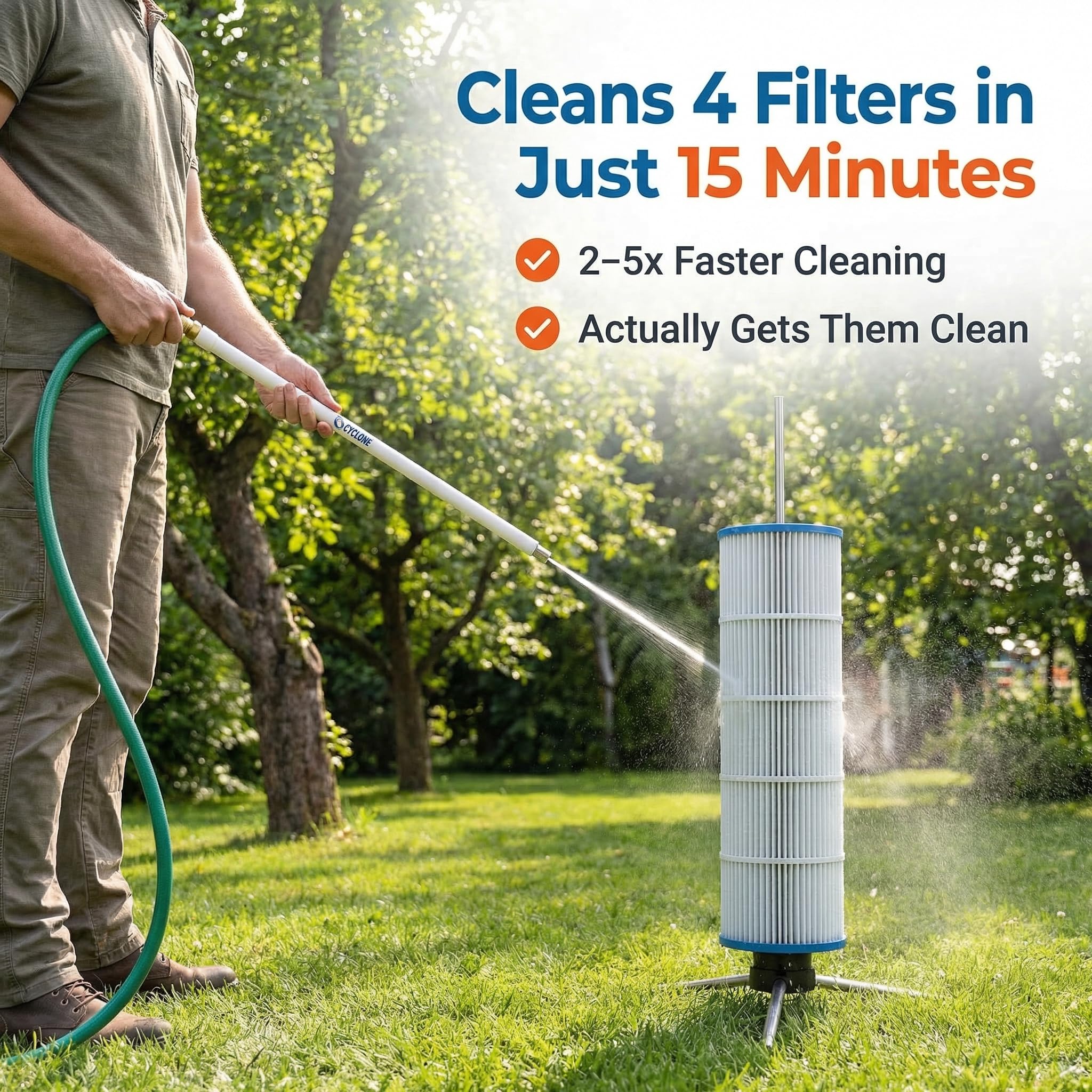 Cyclone Filter Cleaner spinning action demonstrates faster pleat cleaning