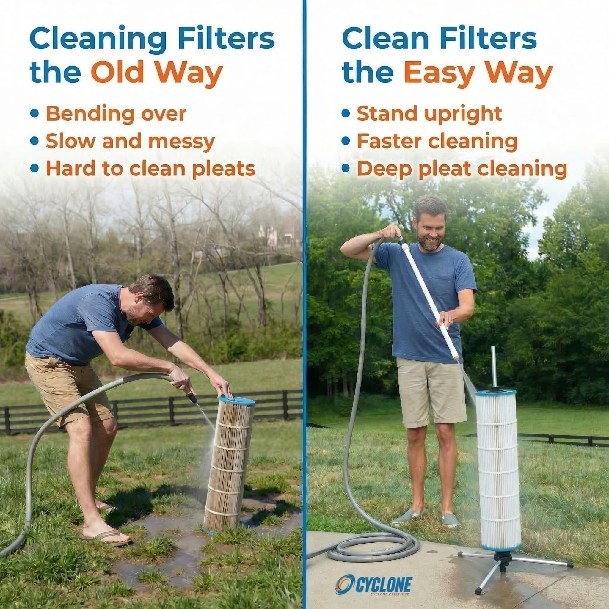Cyclone Filter Cleaner on stand with a filter mounted for ergonomic cleaning