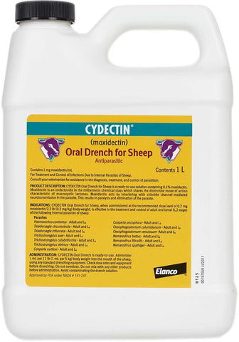 Cydectin Sheep 0.1% Drench 1000ml bottle ready for parasite treatment on the farm.