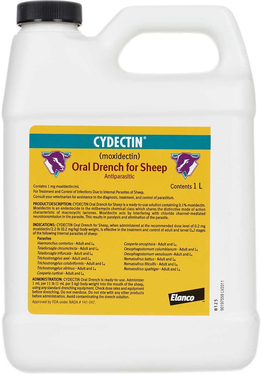 Cydectin Sheep 0.1% Drench bottle label clearly shows dosage for internal parasite care.