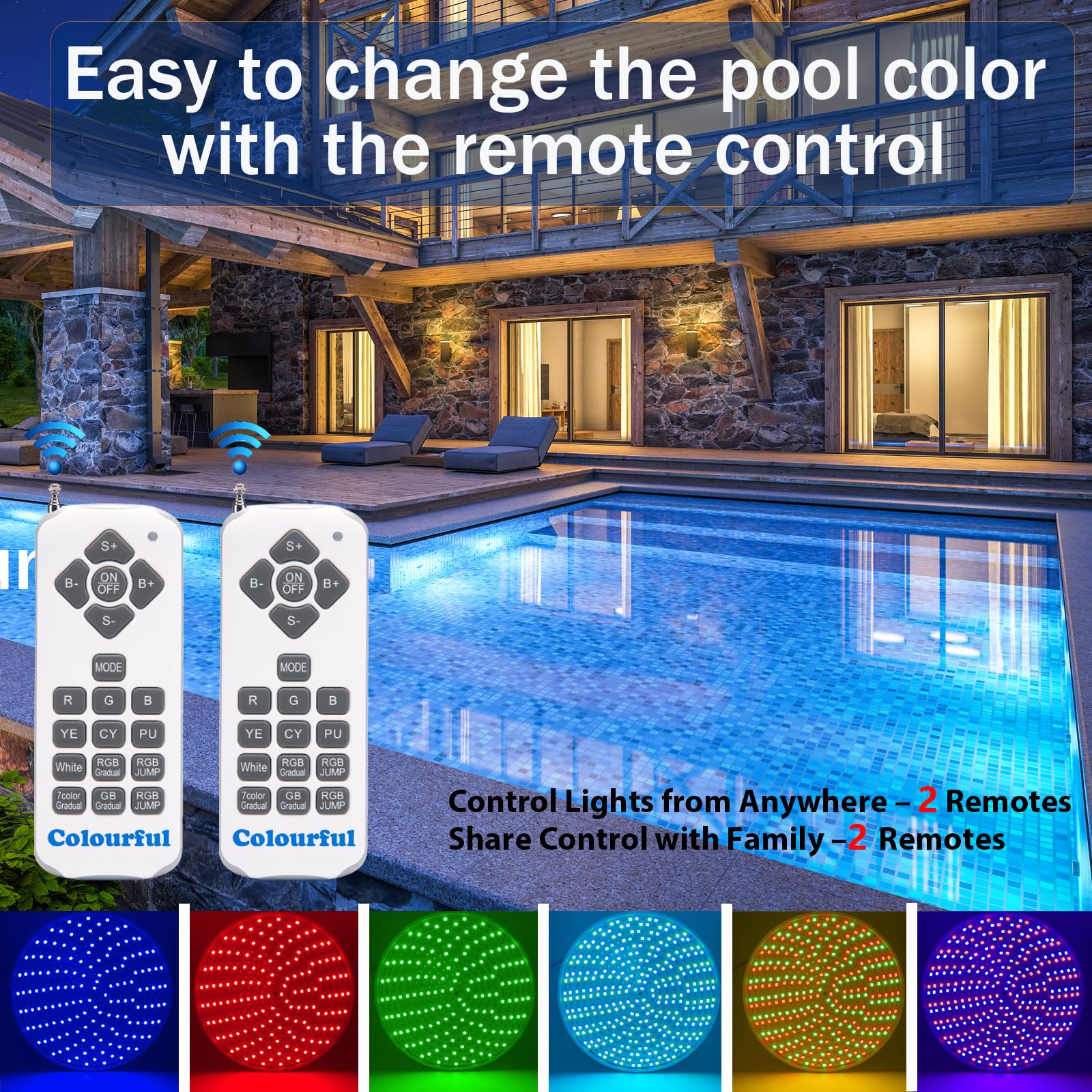 Remote-controlled color modes for pool lighting during evening gatherings.