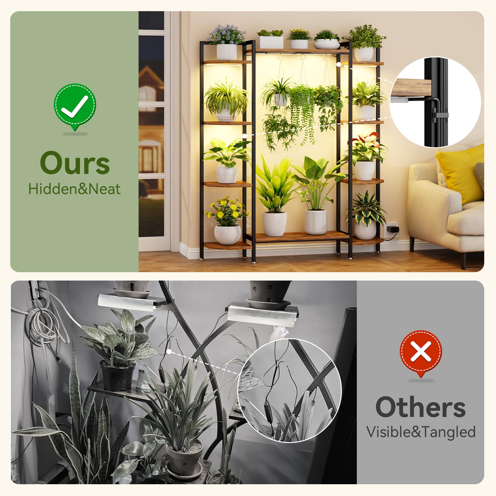 CYXPHION C1 plant stand 6-tier shelf, side view highlighting sturdy frame and hooks